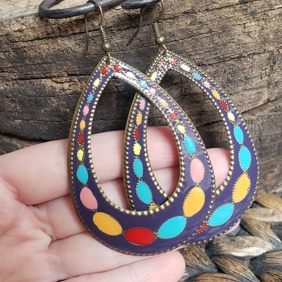 Vintage Colourful Enamel Earrings - Picture 7 of 8